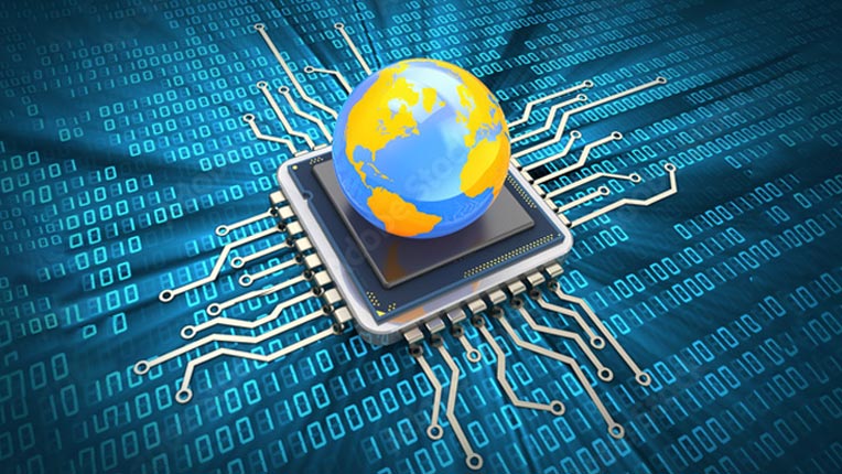 Image of a computer chip with the globe on top